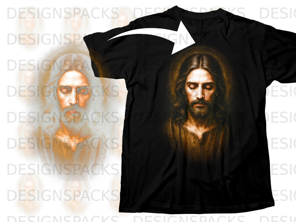 Black t-shirt featuring a portrait of Jesus with a halo and textured background.
