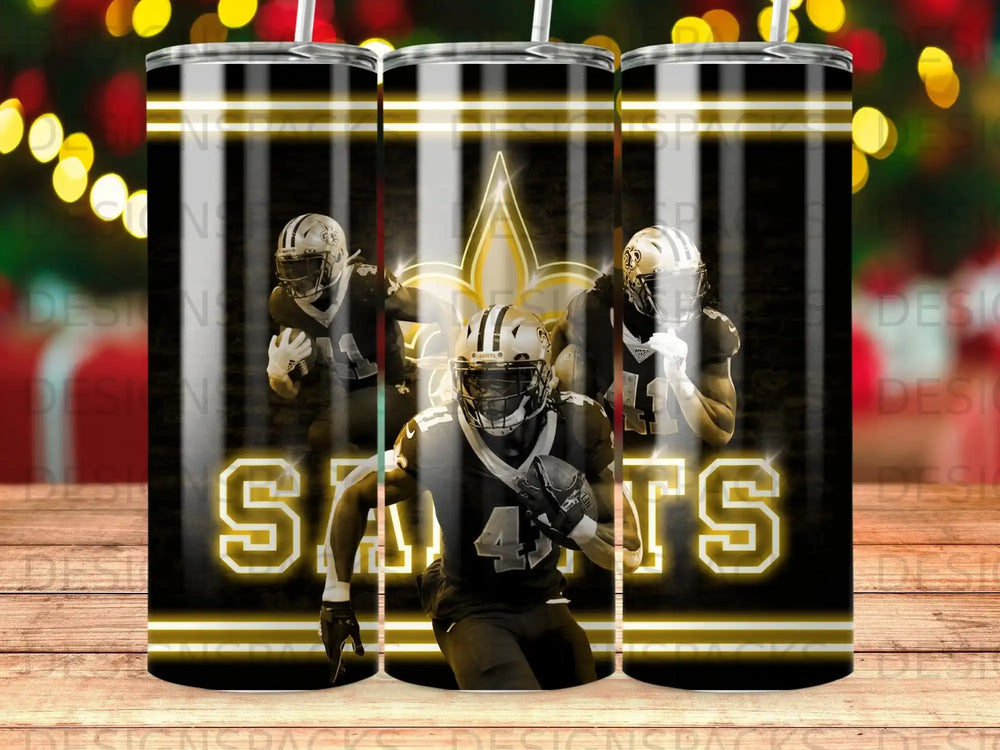 New Orleans Saints player in uniform running with football, golden helmet logo.