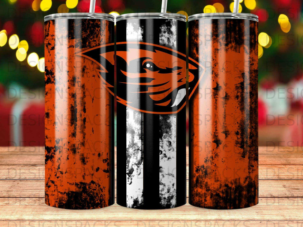 Oregon State Beavers logo on a black and orange striped tumbler.