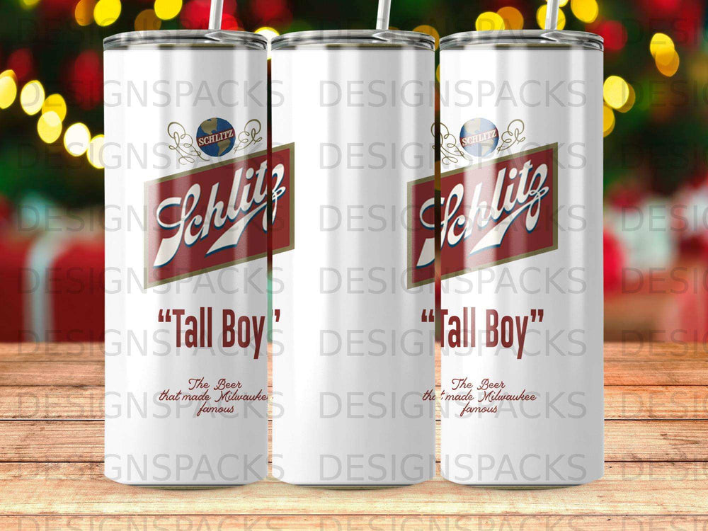 Schlitz "Tall Boy" beer tumbler with retro branding and "The Beer that made Milwaukee famous" text.