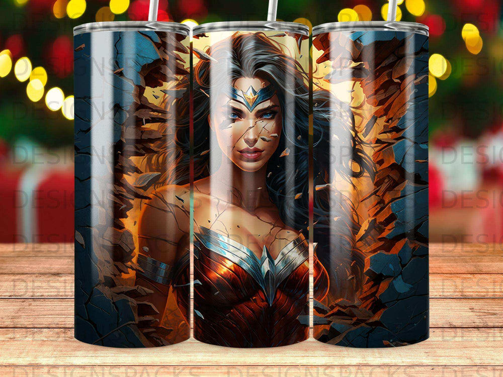 Wonder Woman with cracked background, heroic pose, colorful lighting.