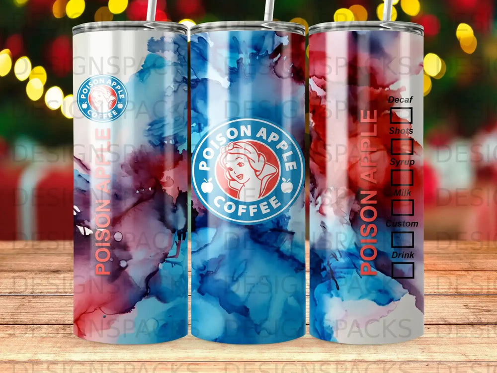 Poison Apple coffee tumbler with red and blue watercolor design and text labels.