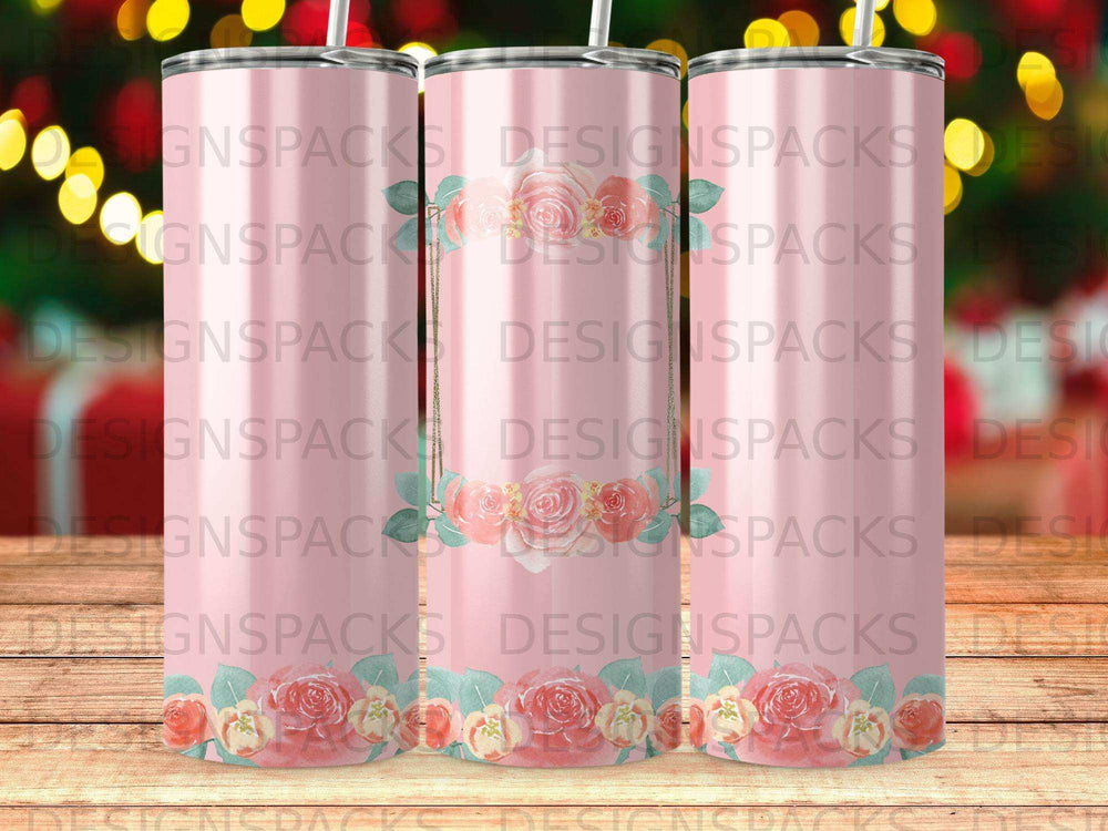Pink floral tumbler design with "DESIGNSPACKS" repeating watermark.