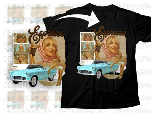 Vintage Car and Retro Style Women T-Shirt, Espresso Graphic Tee, Unique Fashion Casual Wear