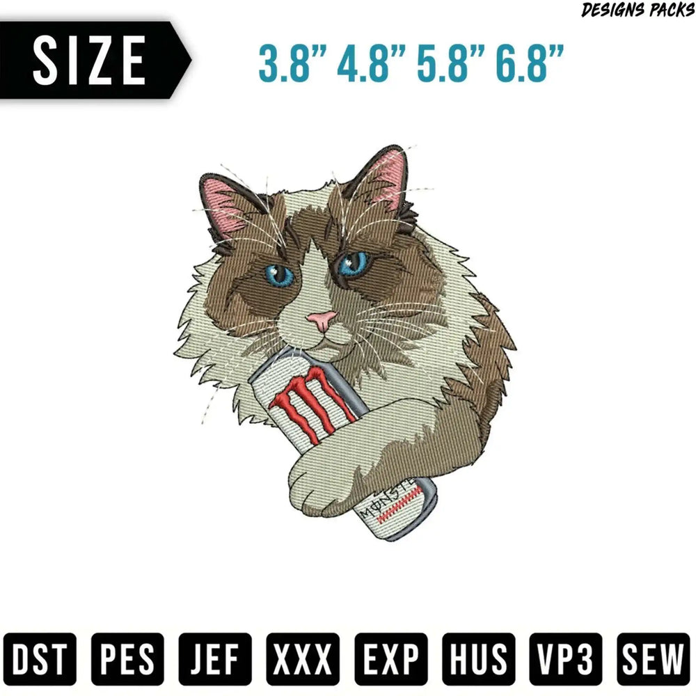 Ragdoll cat holding a Monster Energy drink can, with size options.