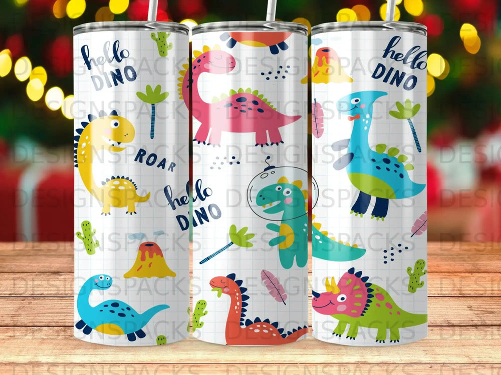 Three tumblers with cartoon dinosaurs and "hello DINO" text.