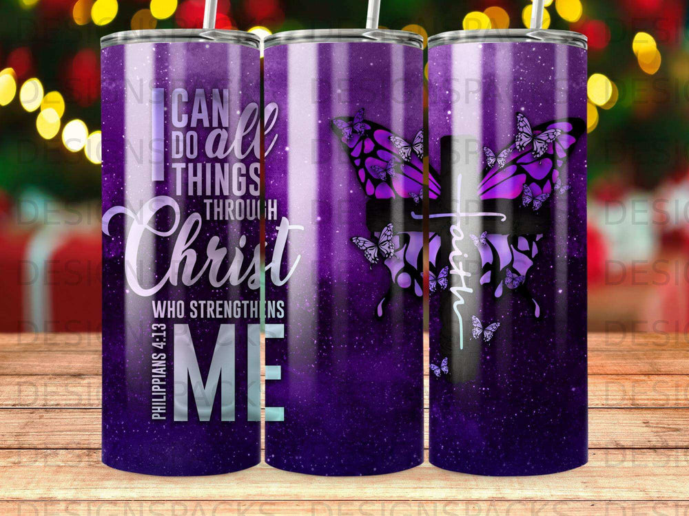 Purple tumbler with butterflies and Philippians 4:13 text.