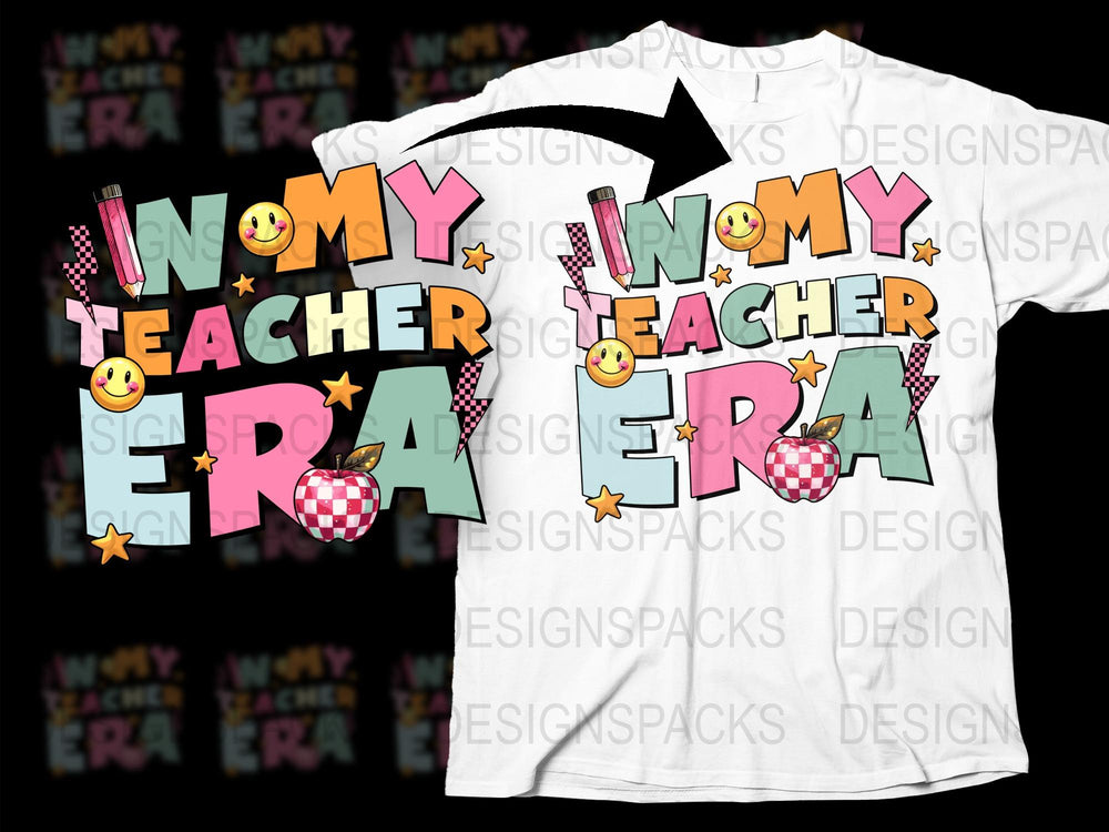 Trendy 'In My Teacher Era' Graphic T-Shirt, Fun Emoji and Checkered Design, Colorful Casual Wear