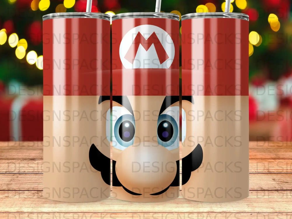 Two tall tumblers with a repeating "M" logo pattern and cartoon eyes.