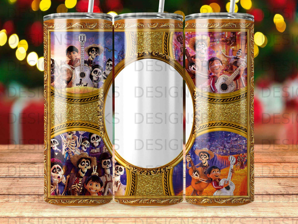 Coco movie characters and music motifs on a gold-framed tumbler wrap.