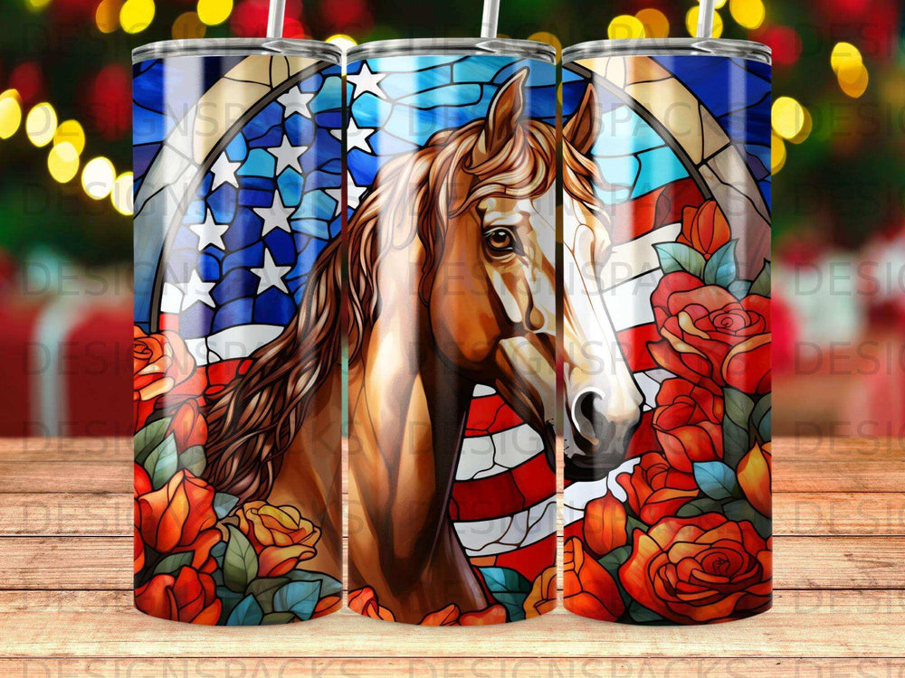 Horse with roses and American flag stained glass design.
