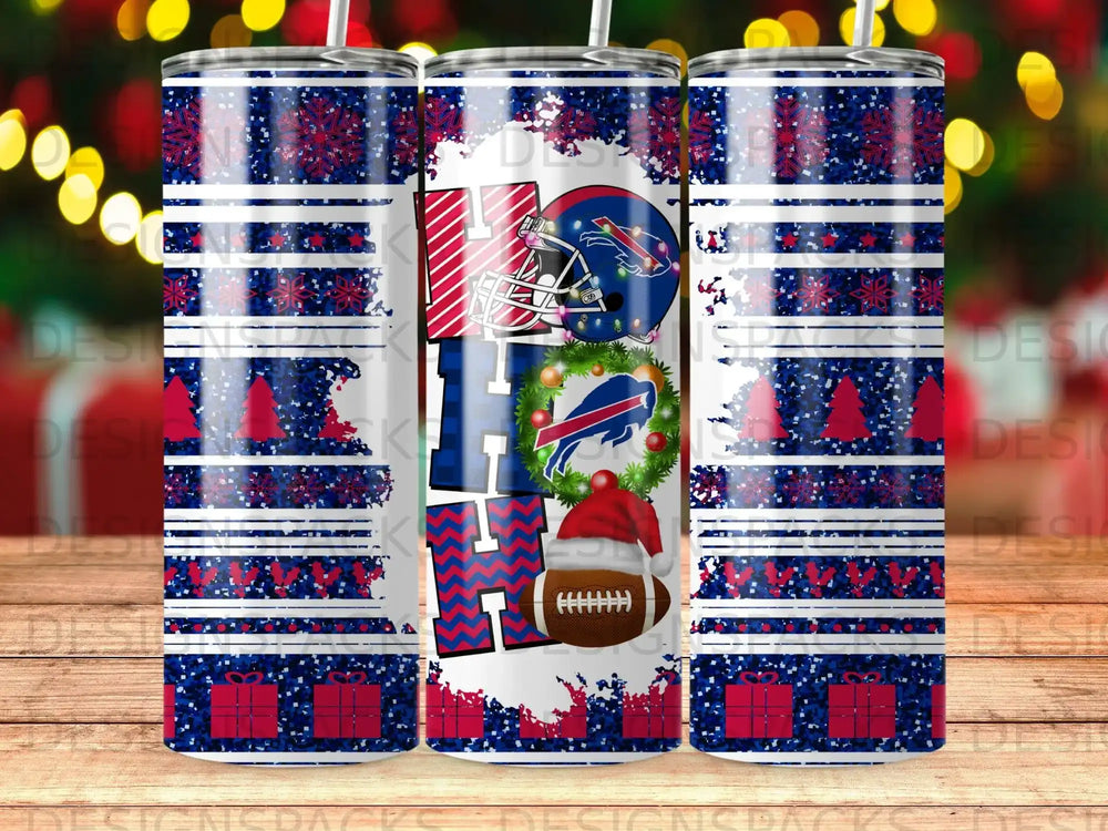 Buffalo Bills holiday tumbler with snowflake, hat, and gift patterns.