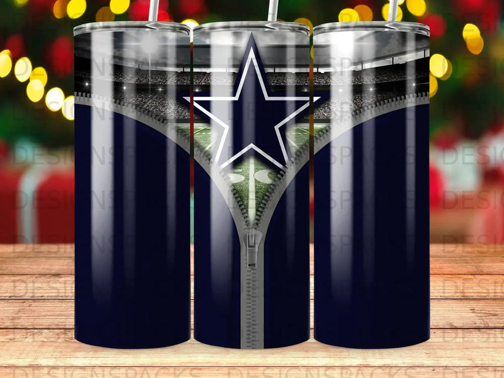 Dallas Cowboys stadium scene with zipper opening on dark blue tumbler.