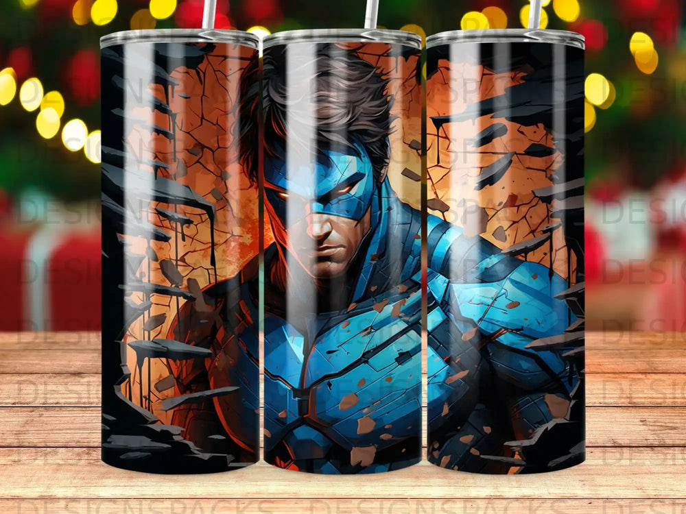 Superhero in blue armor with glowing eyes against a cracked background.