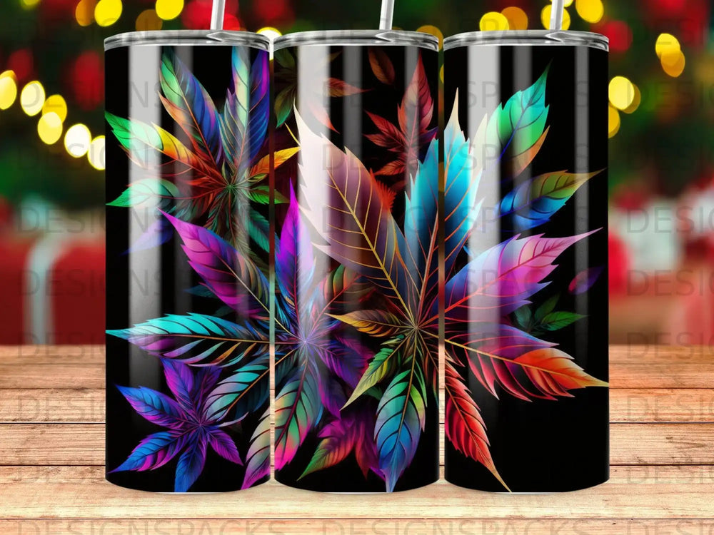 Three tumblers featuring a colorful, abstract cannabis leaf design on a black background.