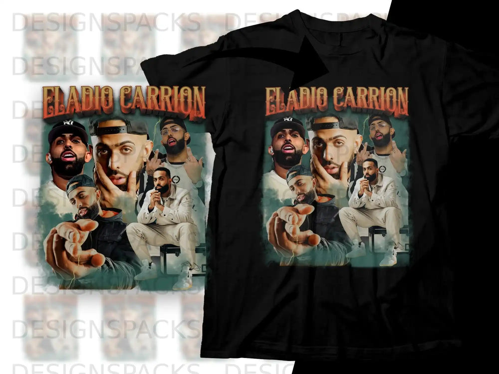 T-shirt graphic featuring Eladio Carrion in three poses with the name "ELADIO CARRION" prominent.