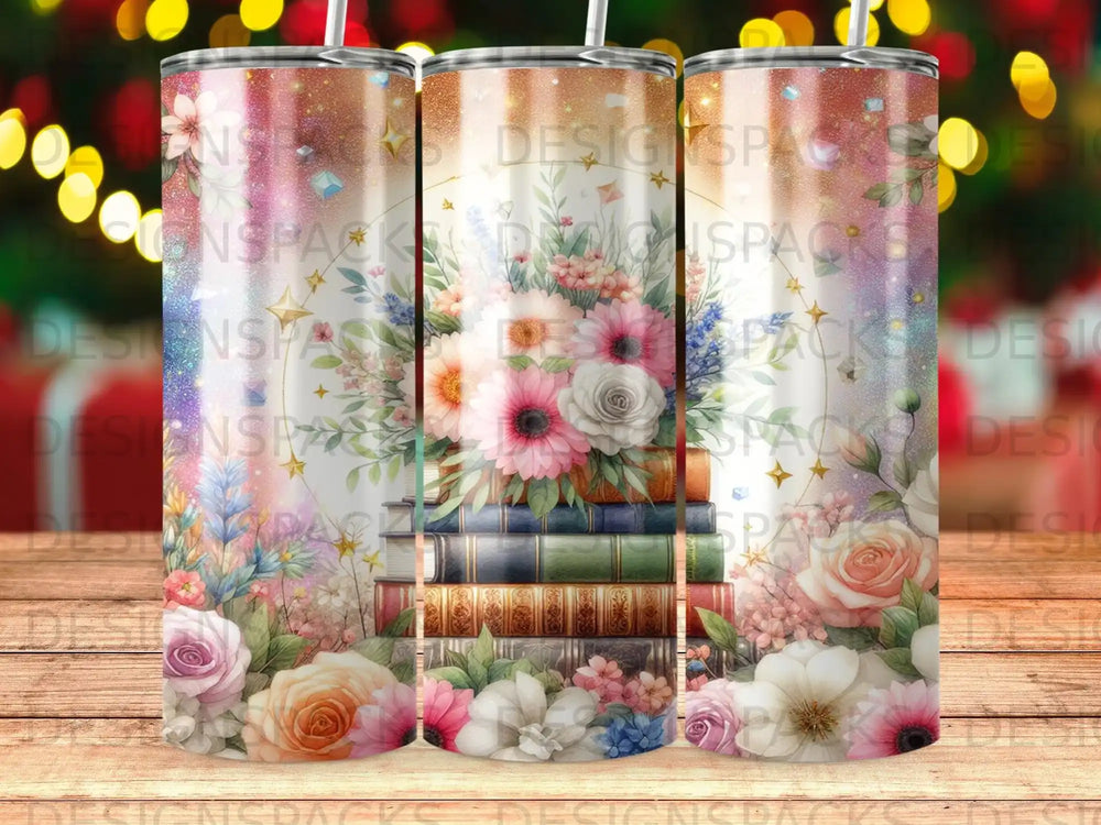 Three tumblers with stacked books, colorful flowers, and sparkling glitter design.
