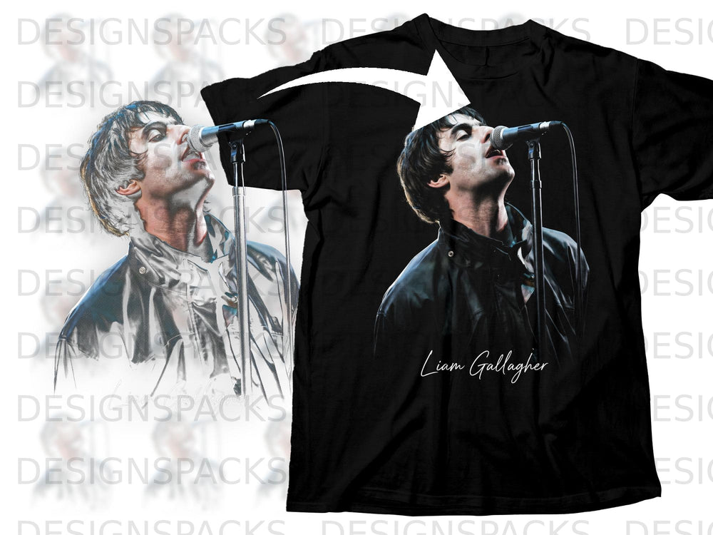 Black t-shirt with a graphic of Liam Gallagher singing into a microphone.