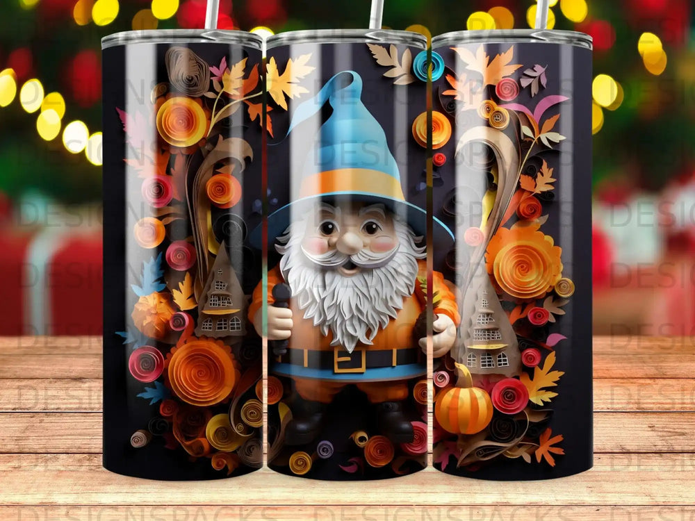 Gnome wearing a blue hat and orange coat holding a white pipe.