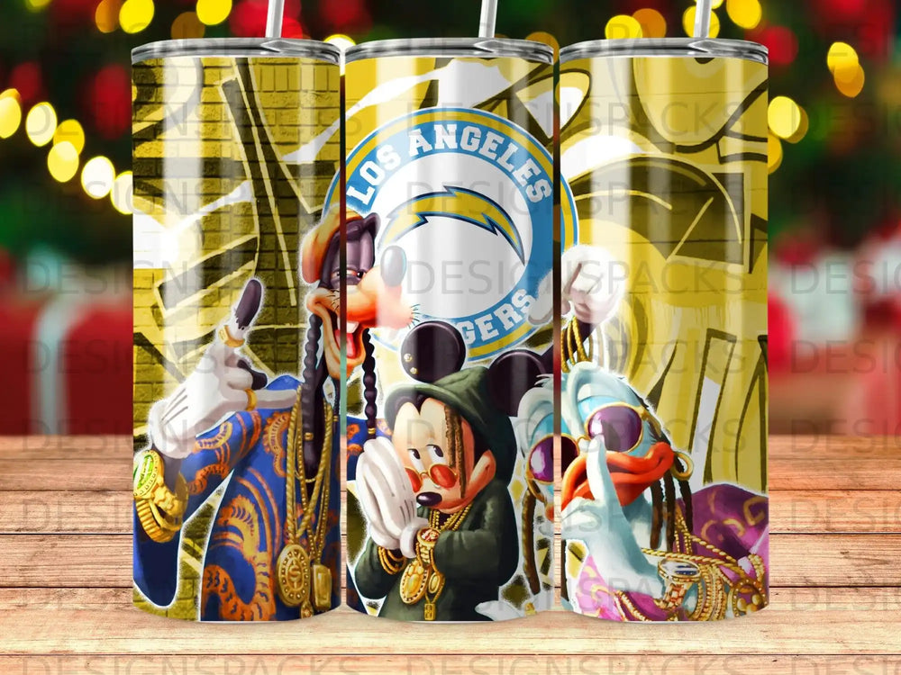 Mickey Mouse, Donald Duck, and Snoop Dogg characters in a stylized Los Angeles theme.