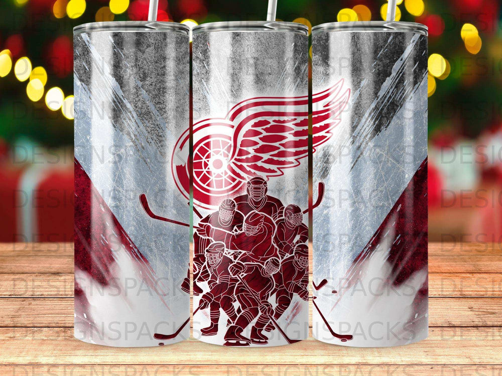 Red Wings hockey team logo and players on a silver and red metallic tumbler.