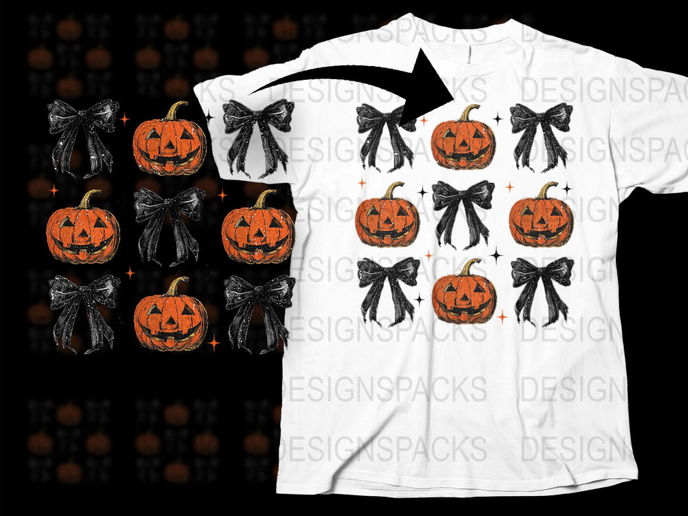 Halloween Pumpkin T-Shirt with Black Bows, Spooky Jack-O-Lantern Tee for Adults, Festive Fall Clothing