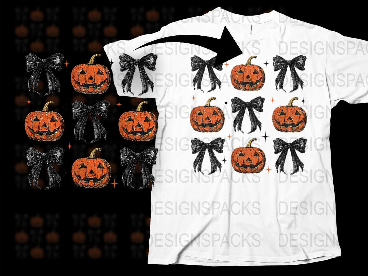 Halloween Pumpkin T-Shirt with Black Bows, Spooky Jack-O-Lantern Tee for Adults, Festive Fall Clothing
