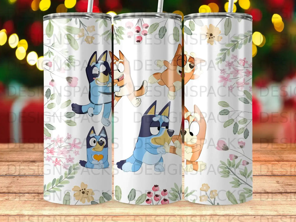Bluey and Bingo characters on a floral patterned tumbler.