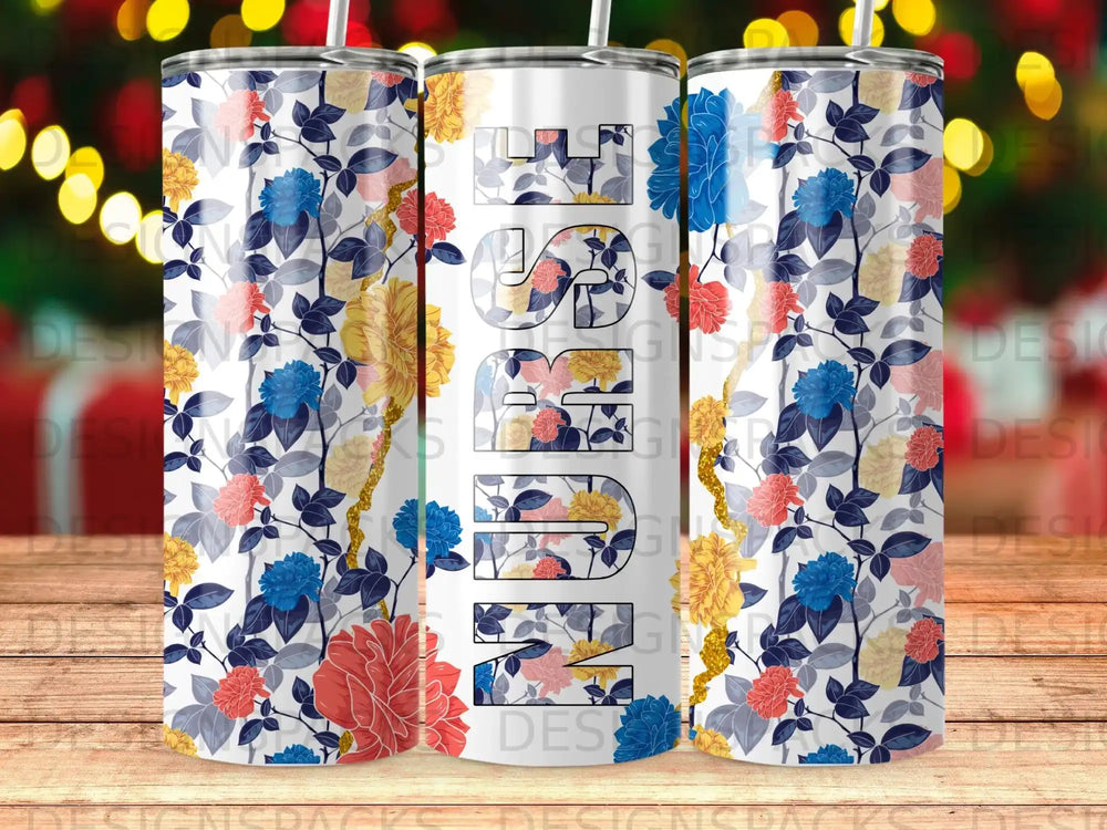 Floral tumbler with "Mom" in blue and yellow flowers and gold glitter.
