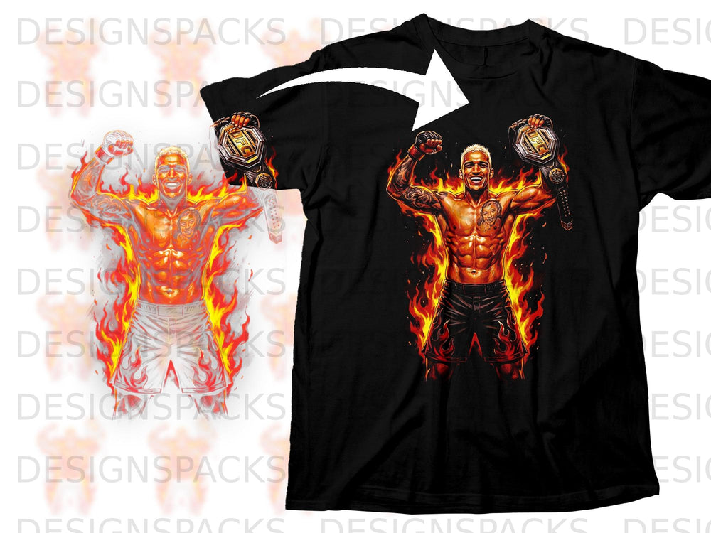 Black t-shirt featuring an illustration of a muscular man holding a UFC belt surrounded by flames.