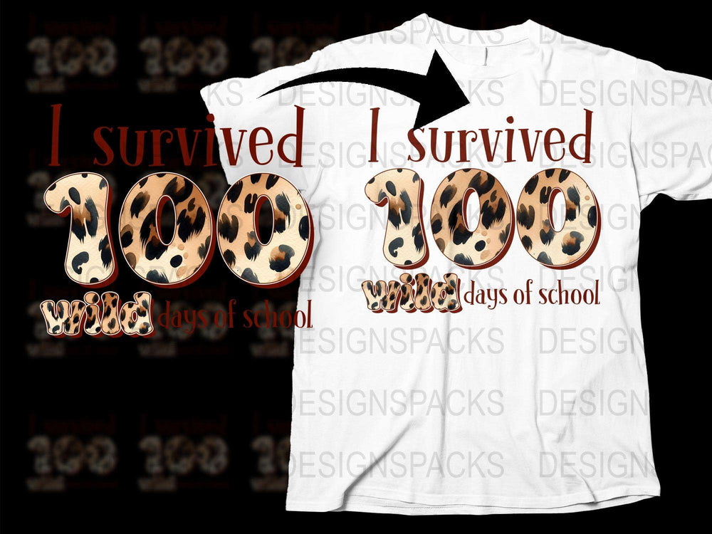 I Survived 100 Days of School T-Shirt, Leopard Print, Kids School Celebration Tee, Funny 100th Day Shirt