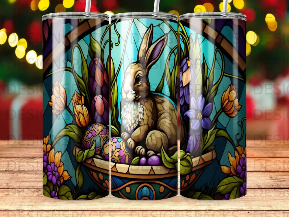 Stained glass style tumbler with a bunny and Easter eggs.