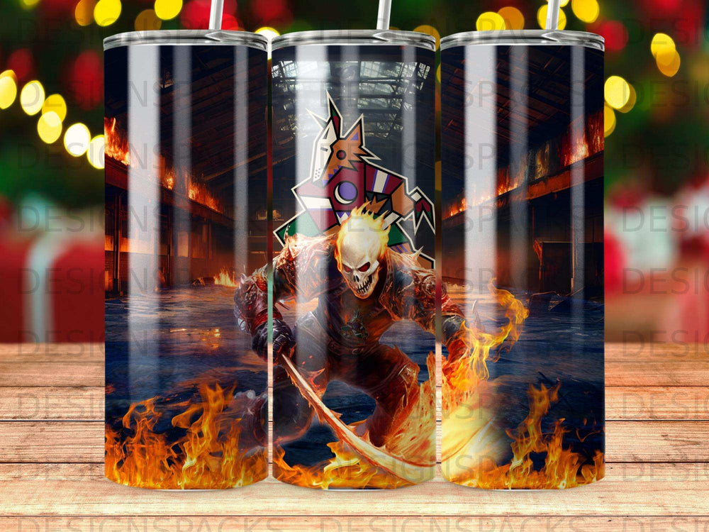 Fiery skull-headed warrior with glowing eyes and scythe surrounded by flames.