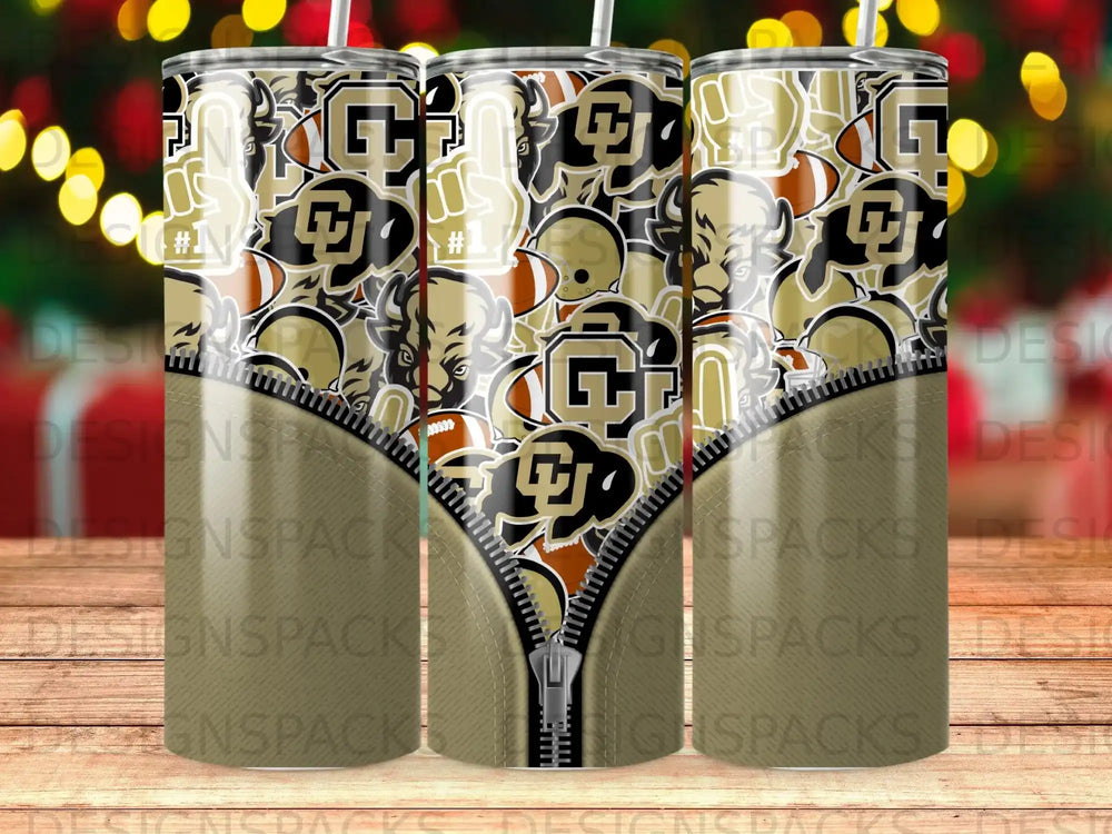 Tumbler with CU Buffaloes logo and football helmet pattern, featuring a zipper design.