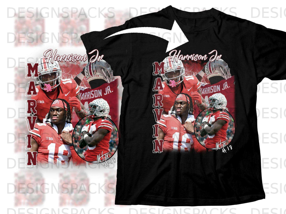 Black t-shirt featuring Marvin Harrison Jr. with "Harrison Jr." and "#18".