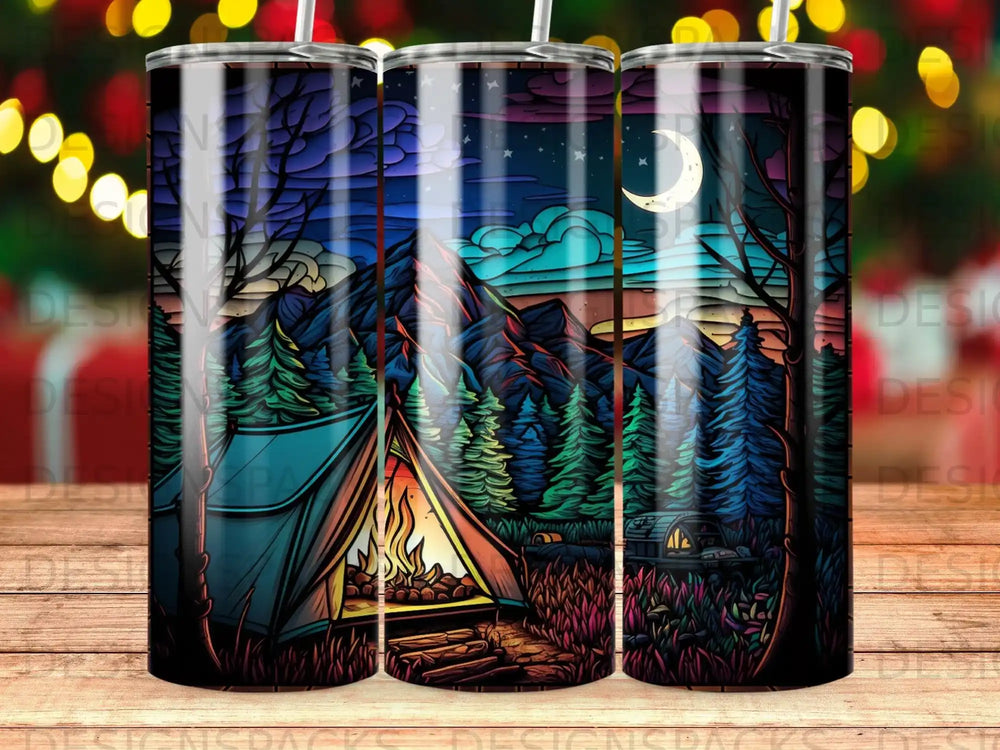 Glowing tent in forest at night under a moonlit sky with mountains.