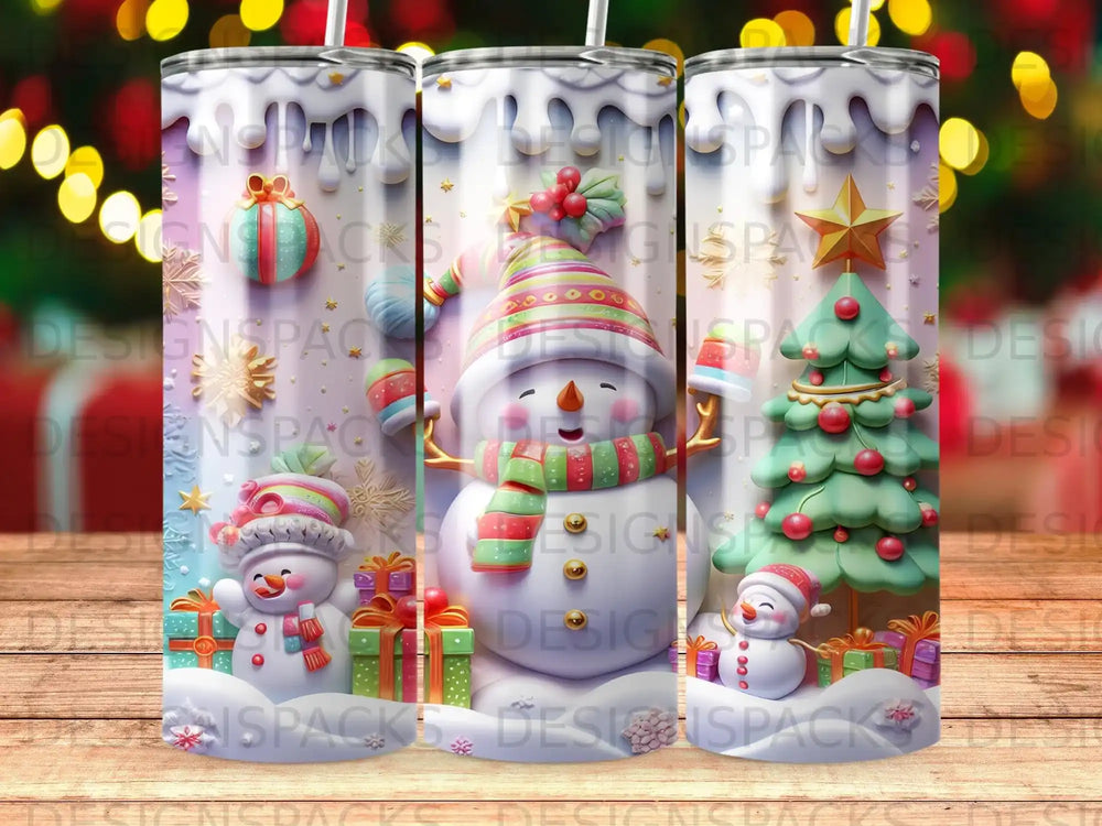 Snowman and Christmas tree in festive winter scene with presents.