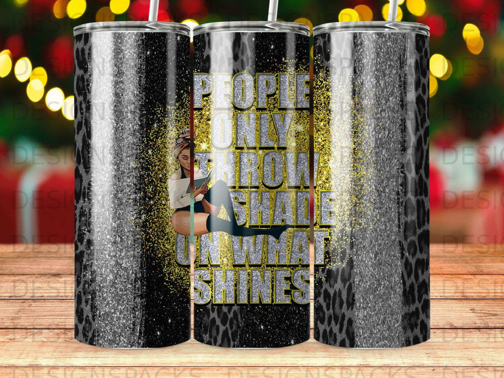 Tumbler with leopard print and glitter, featuring a woman and text.