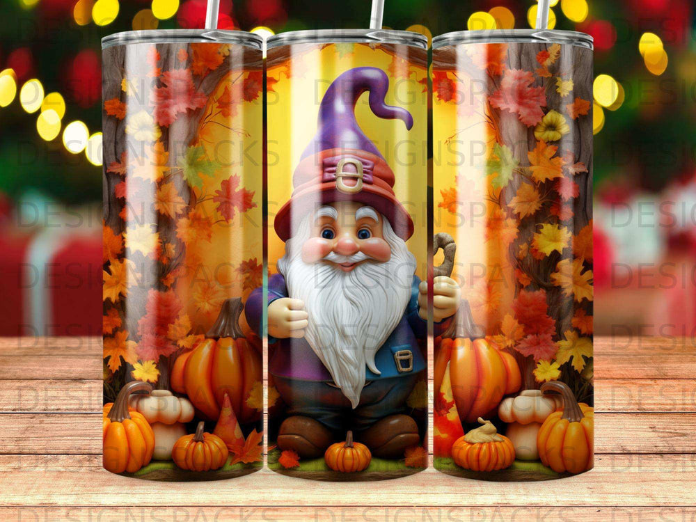 Gnome with pumpkins and autumn leaves, thumbs up.