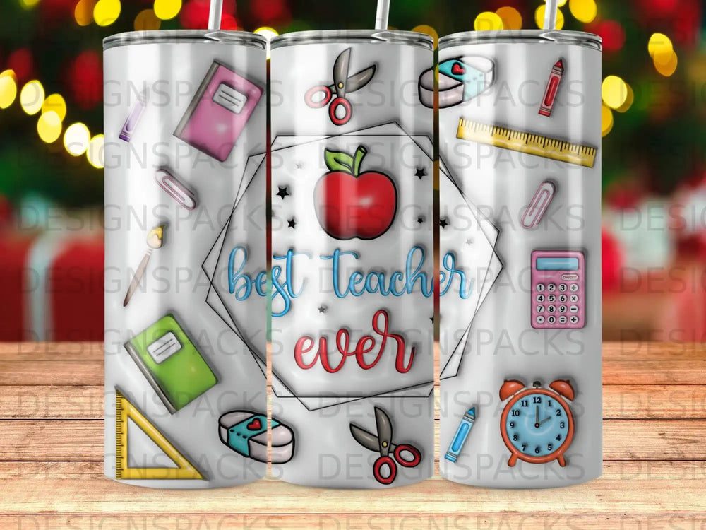"Best teacher ever" text with school supplies on a white tumbler.