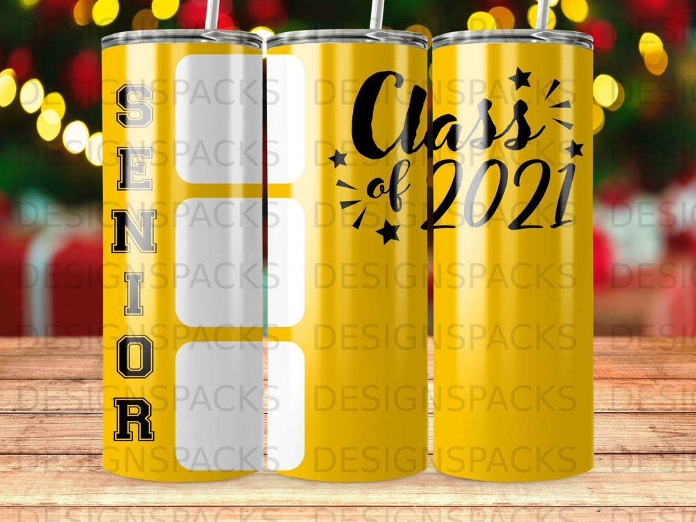 Tumbler with "Class of 2024" and yellow speckled design.