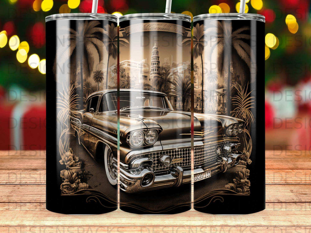 Vintage gold car with palm trees and tower, repeating pattern.