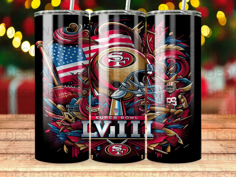 San Francisco 49ers Super Bowl LIV design on a black tumbler.