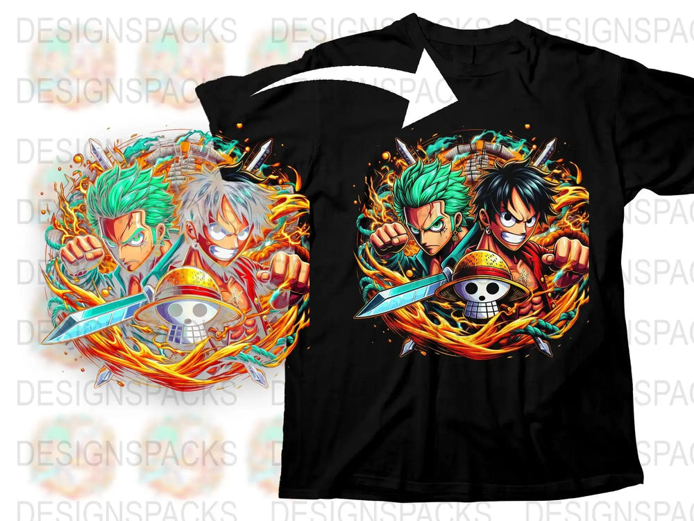 Anime Pirate Graphic T-Shirt, Colorful Manga Characters Fighting, Vibrant Cool Tee Shirt Design for Teens and Adults