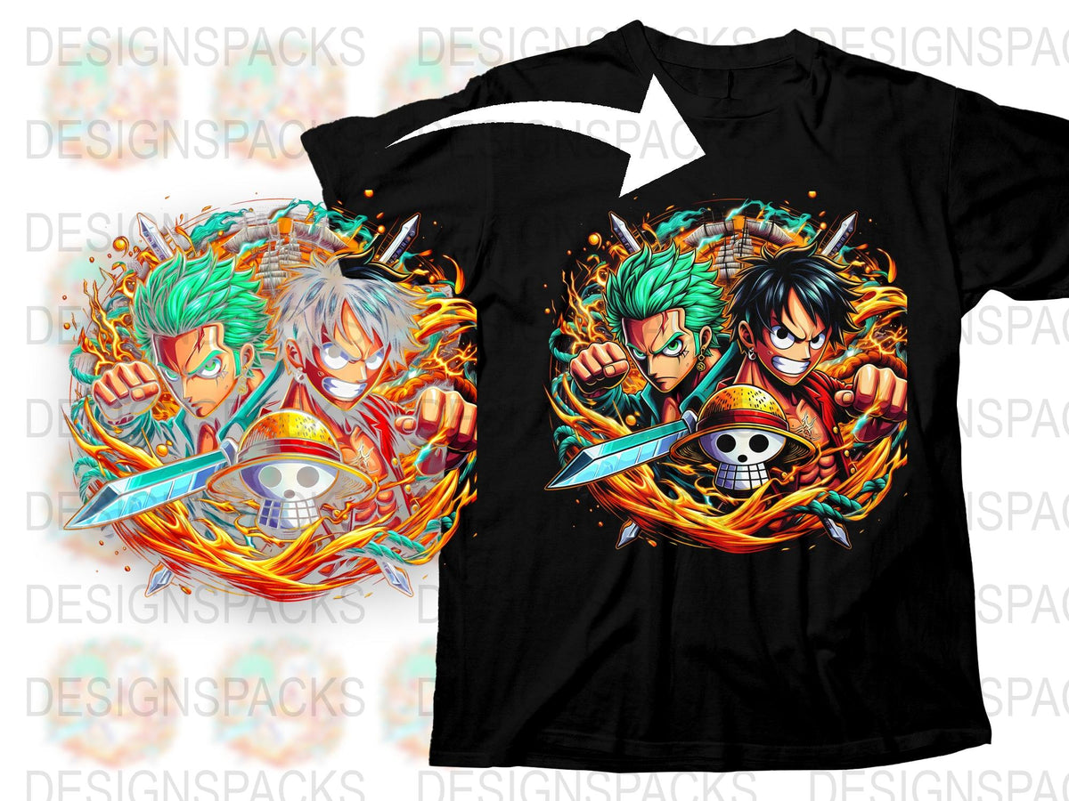 Anime Pirate Graphic T-Shirt, Colorful Manga Characters Fighting, Vibrant Cool Tee Shirt Design for Teens and Adults