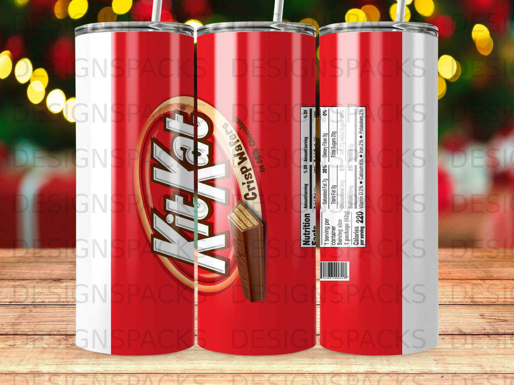 Kit Kat Crisp Wafer bar with nutrition facts label on tumbler.