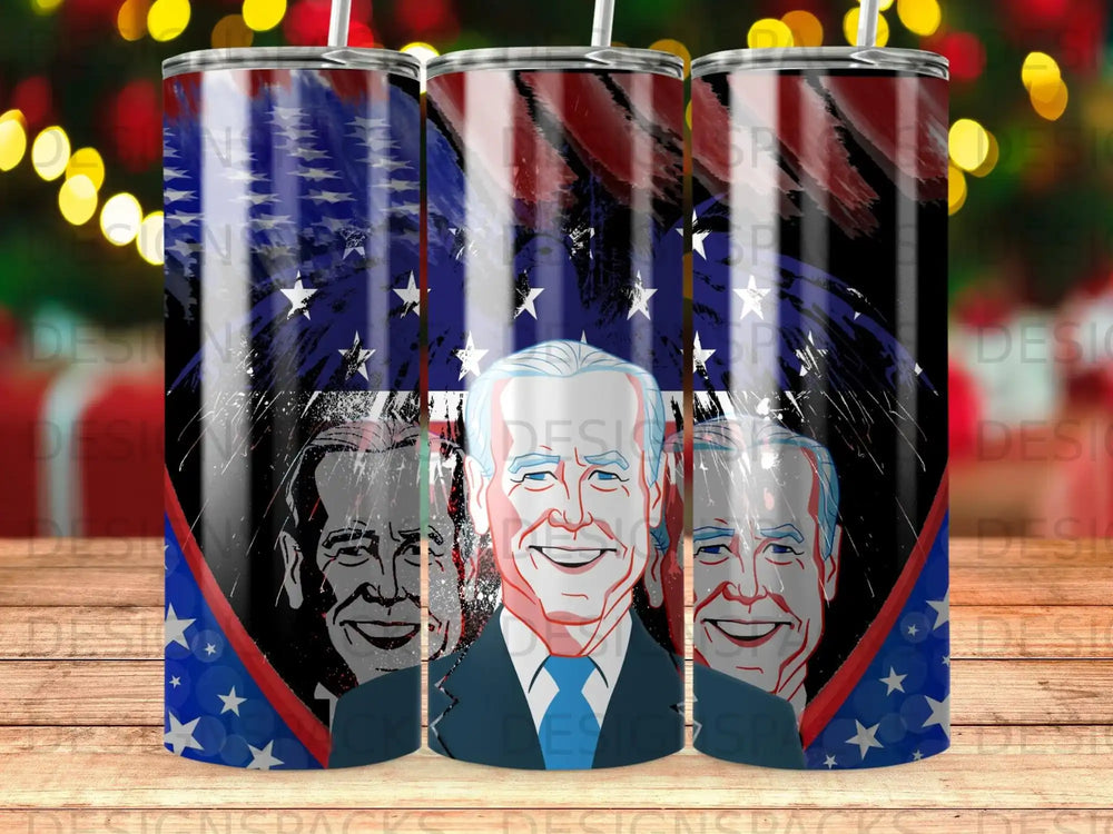 Joe Biden's face superimposed on an American flag design on a tumbler.