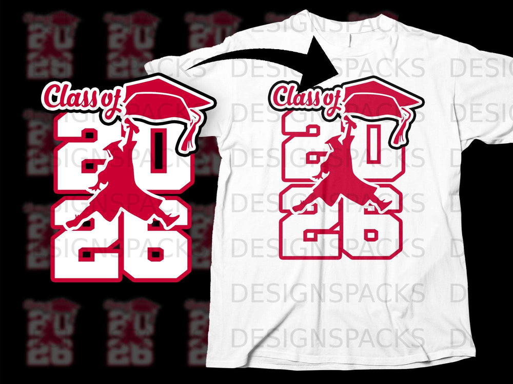 "Class of 26" graphic with graduation cap and silhouette on a white t-shirt.
