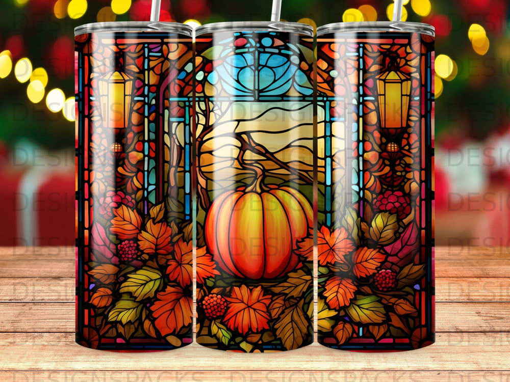 Stained glass tumbler design with pumpkin, fall leaves, and a lantern.
