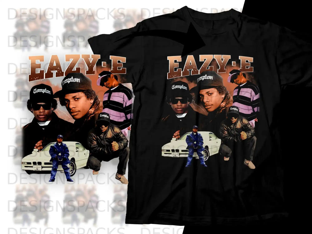 Eazy-E Compton graphic t-shirt with collage of rapper and vintage car.